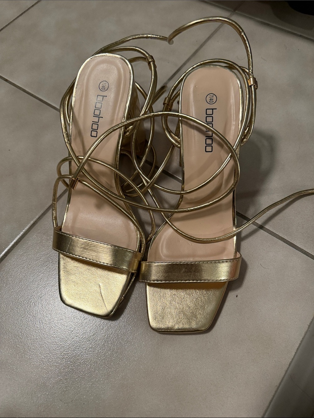Boohoo Metallic Gold Lace-Up Square Toe Heels